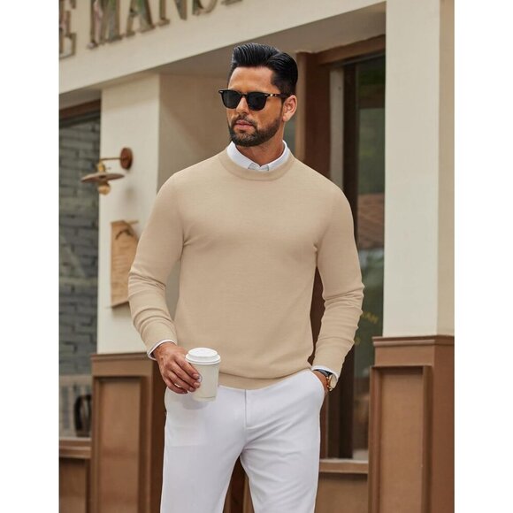 Coofandy Men Khaki Crew Neck Pullover Long Sleeve Lightweight Dress Sweater - Picture 3 of 6